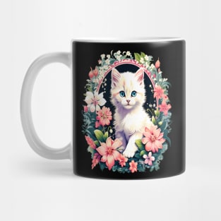 Beautiful white ktiten surrounded by spring flowers Mug